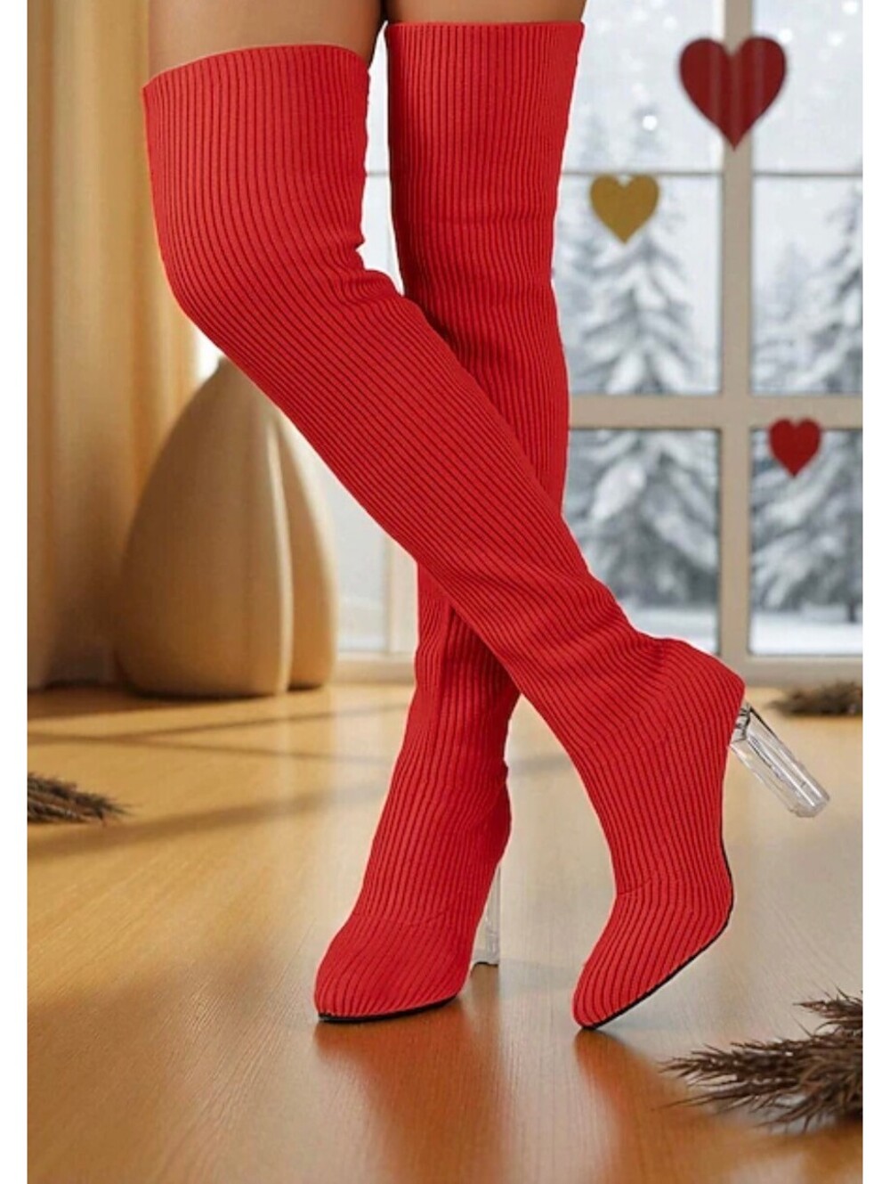 Red Ribbed Over-the-Knee Sock Boots with Clear Block Heels